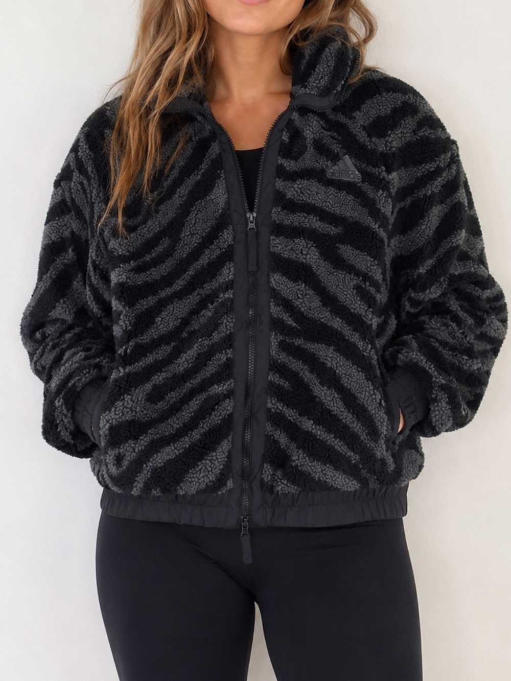 Adidas Hyperglam Fleece Shepra Jacket Womens L Zebra Print Zip Gray Black